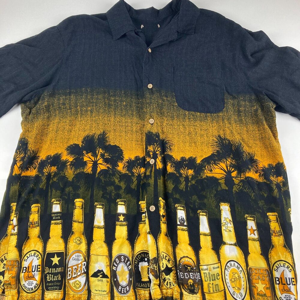 George Men’s Hawaiian Shirt L Beer Bottles Palm Trees Tropical Rayon Camp Shirt